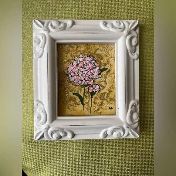 Original flower acrylic painting, abstract. Ornate White Frame  4x4.25 inches - Picture 9 of 11